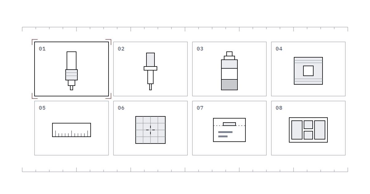 Le contenu d’un premier kit en planche numérotée : stylo, cartouches, pigment, fil de mapping, réglet, peau d’entraînement, consommables et mallette.