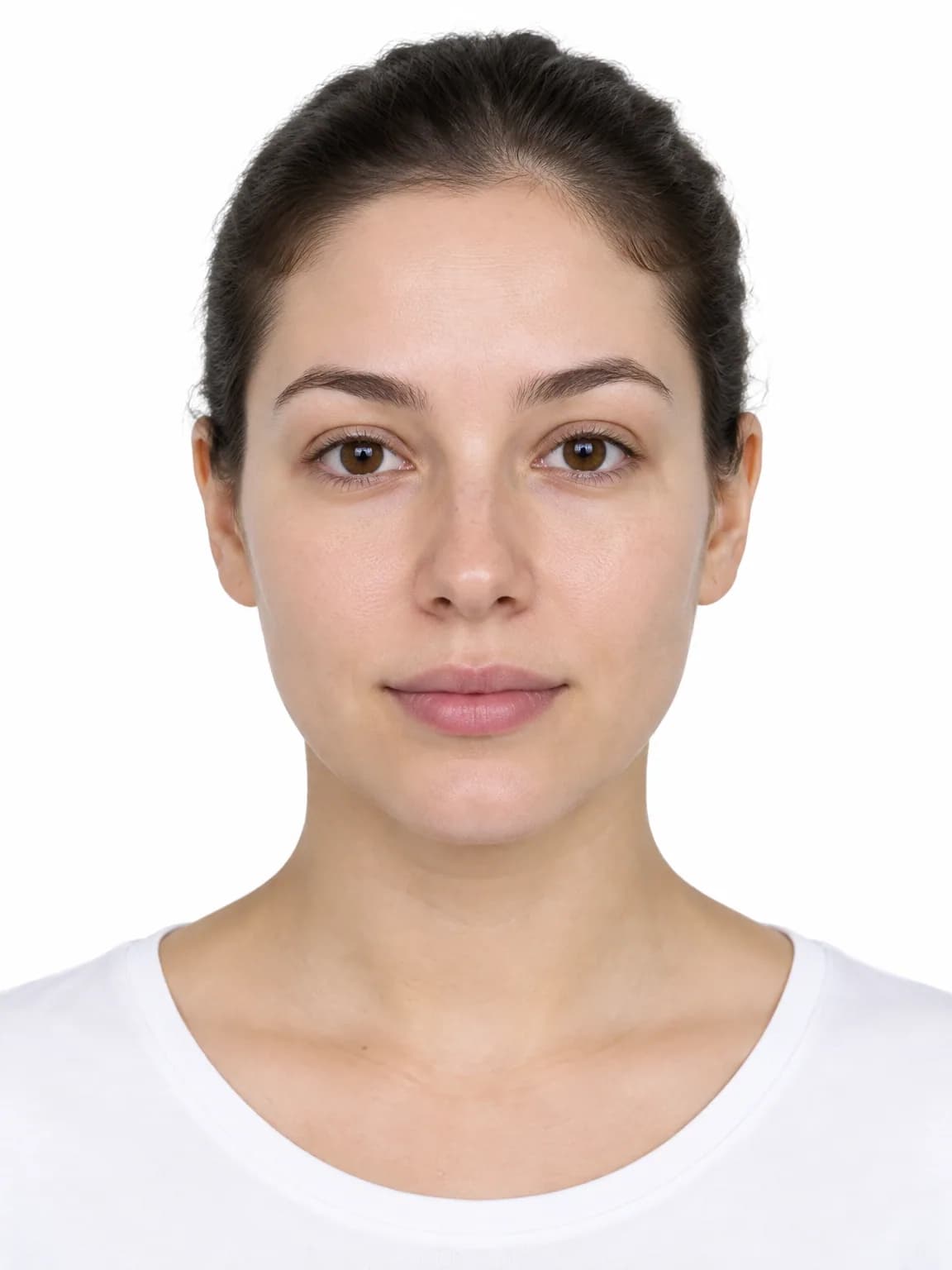 Portrait de face d’une femme au visage nu, sourcils naturels et lèvres sans maquillage, sur fond blanc.